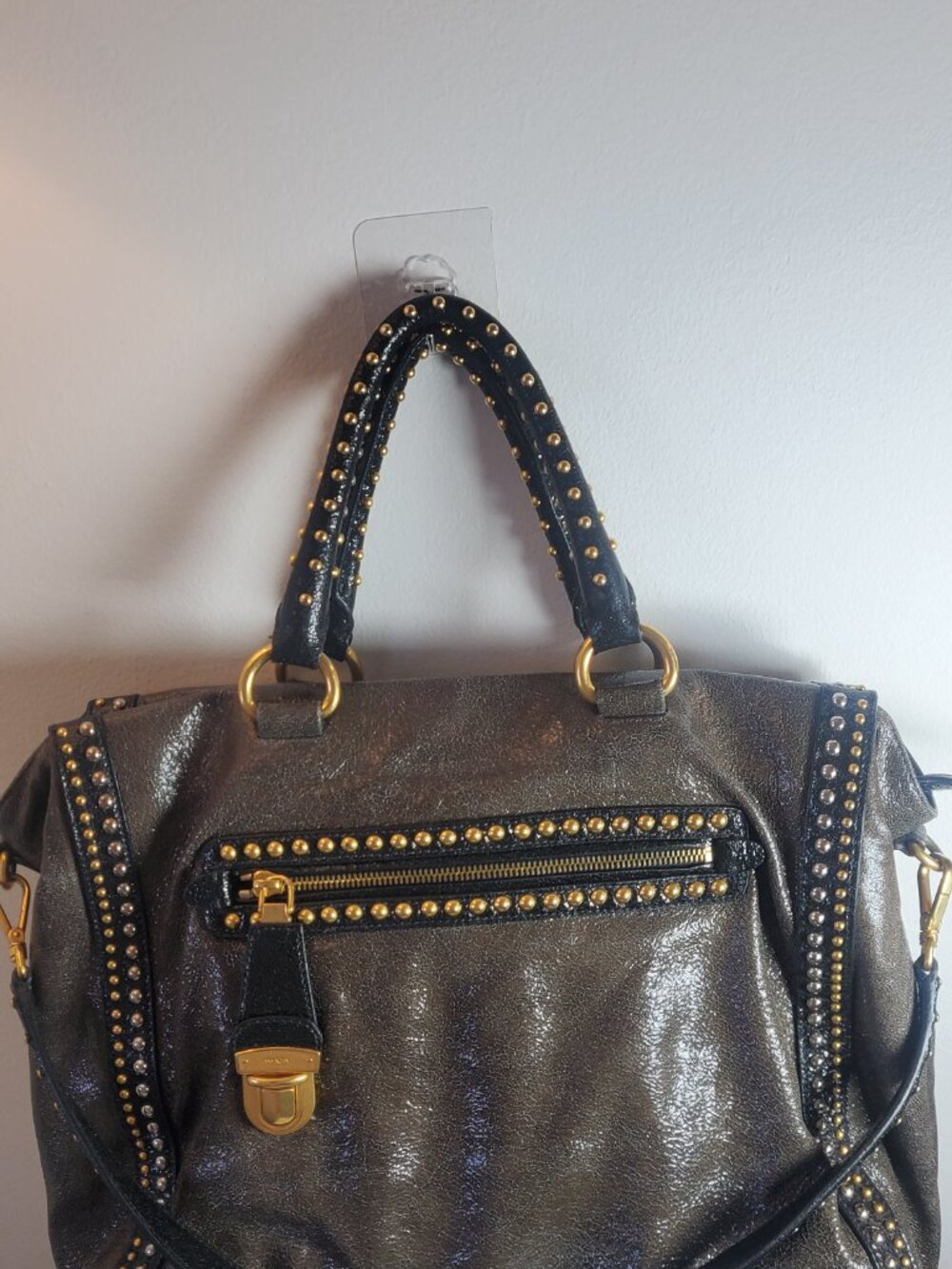 34. Prada Metalic grey studded zip top satchel top handle bag - Picture 5 of 11
